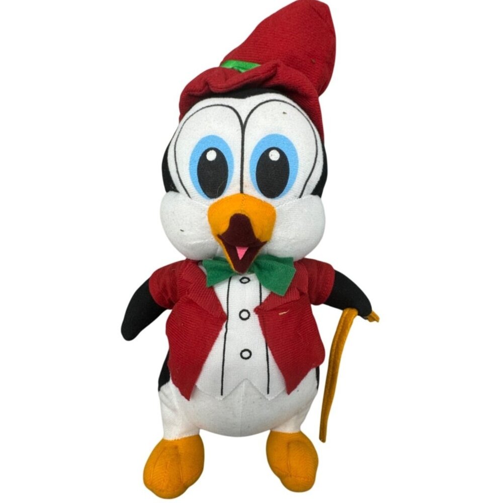 Vintage Christmas Penguin Plush Toy In Red Santa Outfit With Bow Tie & Hat